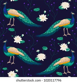 Seamless pattern with peacock and water lily. Vintage vector illustration in watercolor style