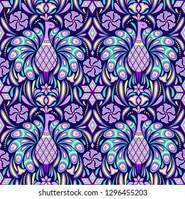 Seamless pattern with peacocks and abstract flowers on blue background. It be perfect for stationery, clothing, accessories, invitation cards, packaging and more.