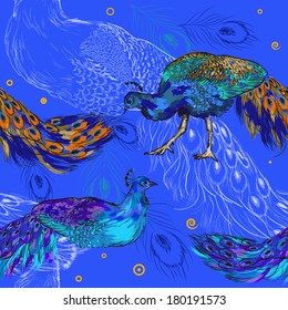 seamless pattern with peacocks, birds on blue background