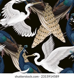 Seamless pattern with peacocks and herons. Vector