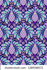 Seamless pattern with peacocks on dark background. It be perfect for stationery, clothing, accessories, invitation cards, packaging and more.