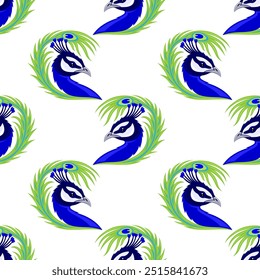 Seamless pattern with peacocks on white background.	