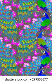 Seamless pattern with peacocks, vector cartoon image