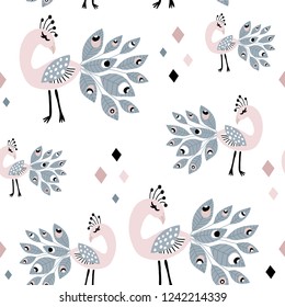 Patrón transparente con peacoks. Textura infantil creativa. Excelente para tela, vectores textiles Ilustración