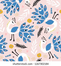 Seamless pattern with peacoks and loral elements. Creative childish texture. Great for fabric, textile Vector Illustration