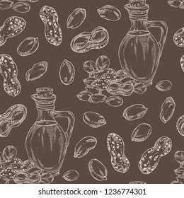 Seamless pattern with peanut and bottle of peanut oil. Vector hand drawn illustration