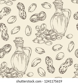 Seamless pattern with peanut and bottle of peanut oil. Vector hand drawn illustration