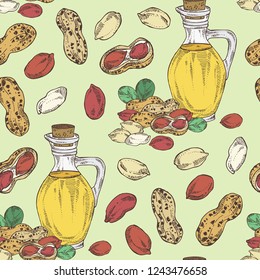 Seamless pattern with peanut and bottle of peanut oil. Vector hand drawn illustration