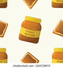 Seamless pattern with peanut butter jar and toasts on light background. Flat style