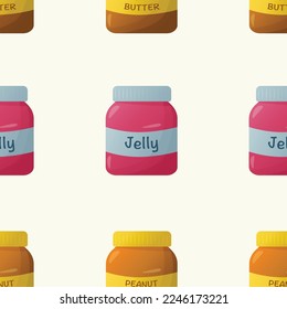 Seamless pattern and peanut butter jars   jelly jars light background  Flat style