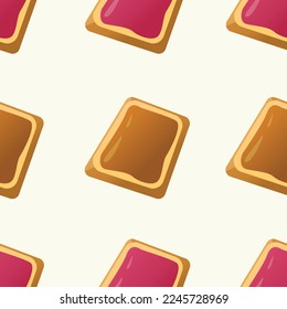 Seamless pattern and peanut butter   jelly toasts light background  Flat style