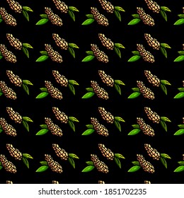 Seamless pattern of peanut, cartoon style, outline, black background, wallpaper, gift paper, print, fabric, cloth, wrapper, package, shopping, nut, cafe, tasty, peanut, groundnut, goober, food, meal