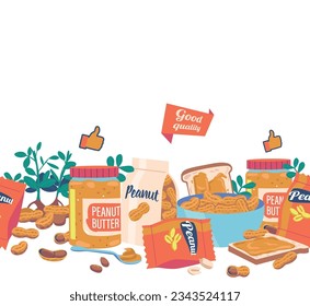 Nahtloses Muster mit Erdnussprodukten. Wunderschönes Design mit Erdnussblöcken, Nuts, Butter und Snacks