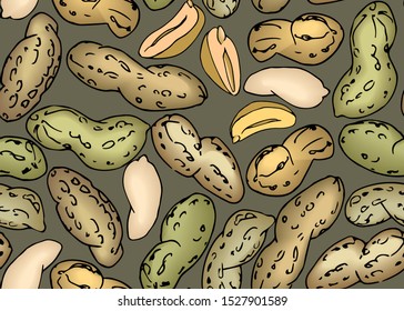seamless pattern of peanut set on grey background in hand drawn style