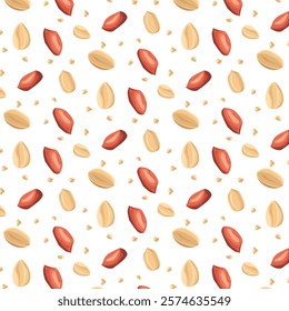 Seamless pattern peanuts. For design projects, food packaging, advertising, or creating educational materials, ideal for use in food-related branding, health-conscious products.