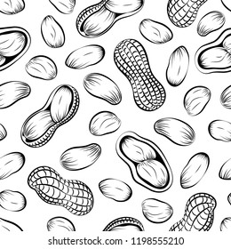 Seamless pattern peanuts drawn by hand. Vector illustration of peanut in nutshell and without it. Peanut, groundnut on a white background. Closeup tile texture for wrapping and packaging food design.