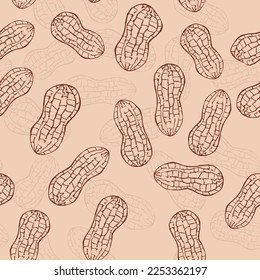 Seamless pattern peanuts drawn by hand. Vector illustration of peanut in nutshell and without it. Peanut, groundnut on a white background. Closeup tile texture for wrapping and packaging food design.