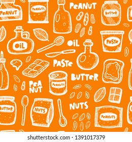 Seamless pattern peanuts. Hand drawn vector illustration. Can be used for background, wrapping paper, decorative fabric, print, wallpaper, textile, shop, menu, market, cafe, restaurant