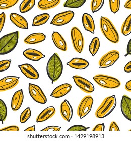 Seamless pattern peanuts. Hand drawn vector illustration. Can be used for background, wrapping paper, decorative fabric, print, wallpaper, textile, shop, menu, market, cafe, restaurant