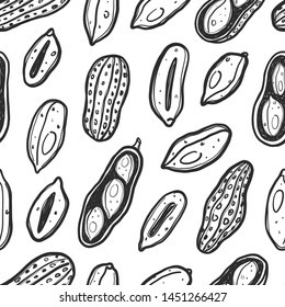 Seamless pattern peanuts. Hand drawn vector illustration. Can be used for background, wrapping paper, decorative fabric, print, wallpaper, textile, shop, menu, market, cafe, restaurant