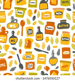 Seamless pattern peanuts. Hand drawn vector illustration. Can be used for background, wrapping paper, decorative fabric, print, wallpaper, textile, shop, menu, market, cafe, restaurant