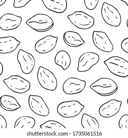 Seamless pattern with peanuts isolated on white background. Ink sketch of nuts. Hand drawn vector illustration. Closeup tile texture for wrapping and packaging food design.