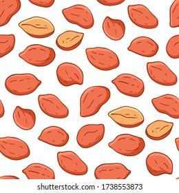 Seamless pattern with peanuts isolated on white background. Flat peanut seeds. Endless template. Vector illustration. Closeup tile texture for wrapping and packaging food design.