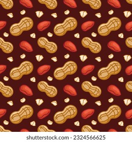 Seamless pattern of peanuts in the shell and without on a dark background. Vector background for textiles and packaging