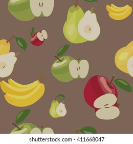 Seamless pattern with pear, apple and banana. Fruit vector illustration
