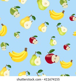 Seamless pattern with pear, apple and banana. Fruit vector illustration