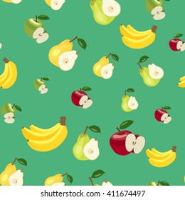 Seamless pattern with pear, apple and banana. Fruit vector illustration