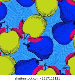 Padrão sem costura com pera e maçã. Fundo desenhado à mão estilo de esboço de cor. Ilustração detalhada, desenhada à mão. Ótimo para tecido e têxtil, estampas, convite, embalagem.
