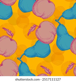 Padrão sem costura com pera e maçã. Fundo desenhado à mão estilo de esboço de cor. Ilustração detalhada, desenhada à mão. Ótimo para tecido e têxtil, estampas, convite, embalagem.