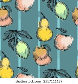 Seamless Pattern with pear and apple. Color sketch style hand drawn background. Detailed illustration, hand drawn. Great for fabric and textile, prints, invitation, packaging.