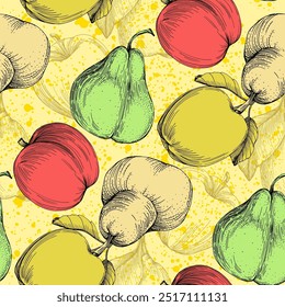 Seamless Pattern with pear and apple. Color sketch style hand drawn background. Detailed illustration, hand drawn. Great for fabric and textile, prints, invitation, packaging.