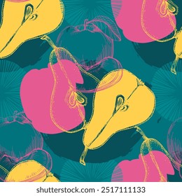 Seamless Pattern with pear and apple. Color sketch style hand drawn background. Detailed illustration, hand drawn. Great for fabric and textile, prints, invitation, packaging.