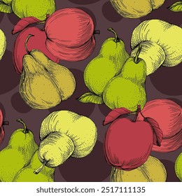 Seamless Pattern with pear and apple. Color sketch style hand drawn background. Detailed illustration, hand drawn. Great for fabric and textile, prints, invitation, packaging.