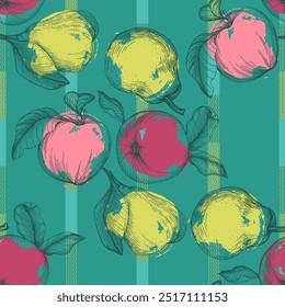 Patrón sin fisuras con pera y manzana. Estilo de boceto de color dibujado a mano de fondo. Ilustración detallada, dibujado a mano. Ideal para la tela y la materia textil, impresiones, invitación, embalaje.