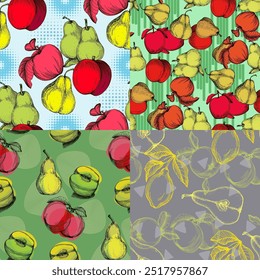 Seamless Pattern with pear and apple. Color sketch style hand drawn background. Detailed illustration, hand drawn. Great for fabric and textile, prints, invitation, packaging.