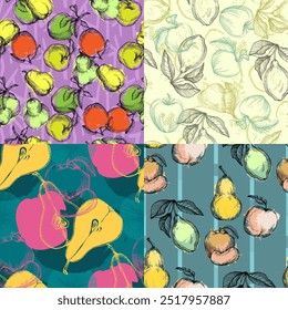 Seamless Pattern with pear and apple. Color sketch style hand drawn background. Detailed illustration, hand drawn. Great for fabric and textile, prints, invitation, packaging.