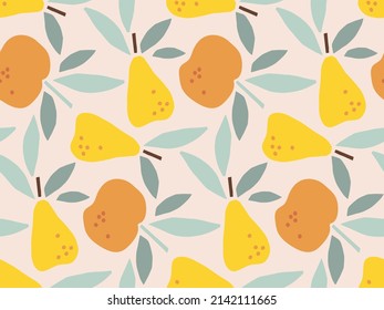 Seamless Pattern with Pear and Apple Fruit with leaves, hand drawn doodle sketch. Repeated Flat vector illustration Food template for menu, wallpaper, wrapping, packing, textile, scrapbooking