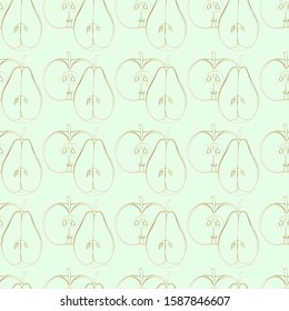 Seamless pattern of pear and apple halves on a blue background. Drawn by hand and translated into vector. For your wallpaper, wrapping paper, fabric, decoration.