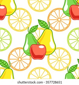 Seamless pattern with pear, apple and lemon in a flat style on a white background.