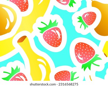 Seamless pattern with pear, bananas and strawberries. Summer fruit and berry mix of strawberry, banana and pear with stroke in 3d style. Design for print, fabric and poster. vector illustration