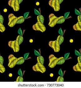 Seamless pattern with pear embroidery stitches imitation. Pear embroidery pattern on black background.