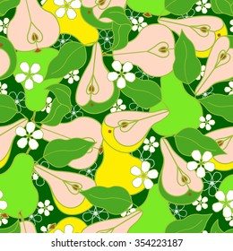 Seamless pattern with pear, flower, leaves, and slices