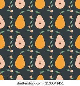 Seamless pattern with pear, flowers and leaves. Fruit pattern.