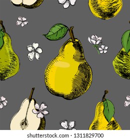 Seamless pattern with pear and flowers.Vintage ink hand drawn vector of different pears and flowers of pear on grey background.Great for fabrics, wallpaper, packaging.