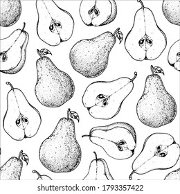 Seamless pattern with pear fruit. Hand drawn sketch. Black and white style illustration. Vector illustration.