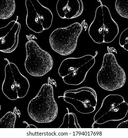 Patrón sin foco con fruto de pera. Esbozo dibujado a mano. Ilustración de estilo blanco y negro. Ilustración vectorial.